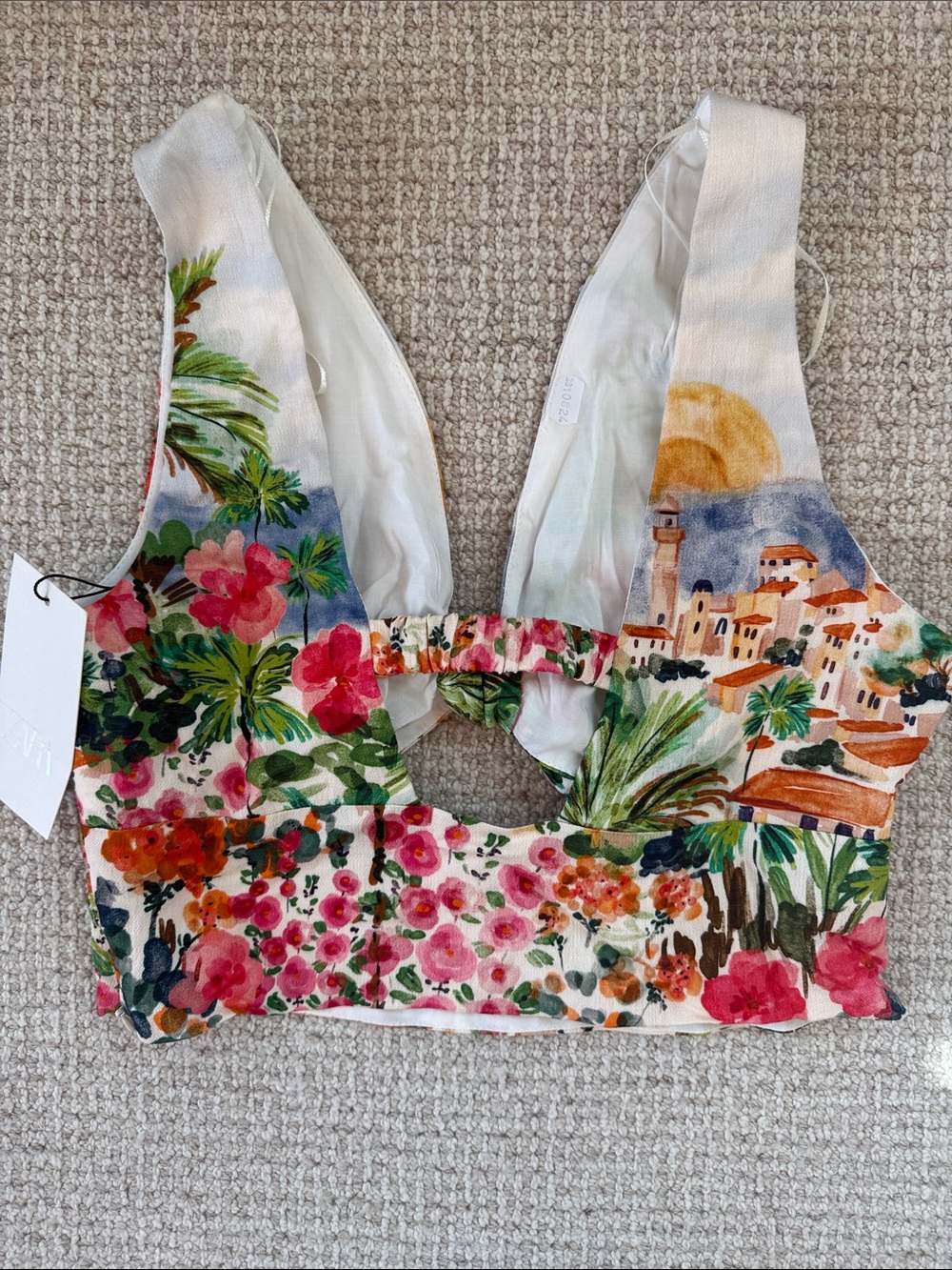 Zara White Multi Tropical Knot-Front Crop Top - Picture 4 of 5